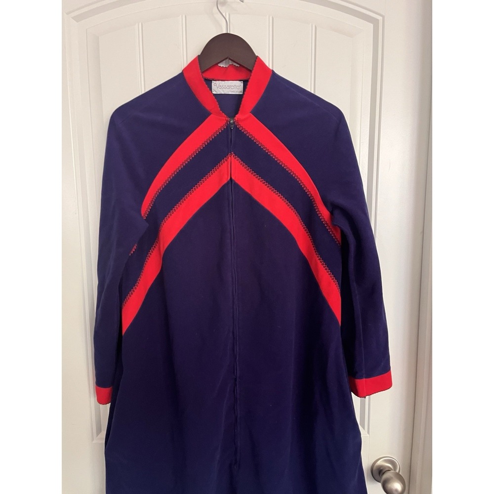 VTG Vassarette Velour Long Robe Zip Dress House Coat Med Blue Red Mrs. Roper 202 - Picture 3 of 5